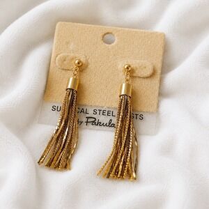 VTG Pakula Gold Tone Tassel Earrings Dangle Drop‎ Textured Korea Surgical Steel
